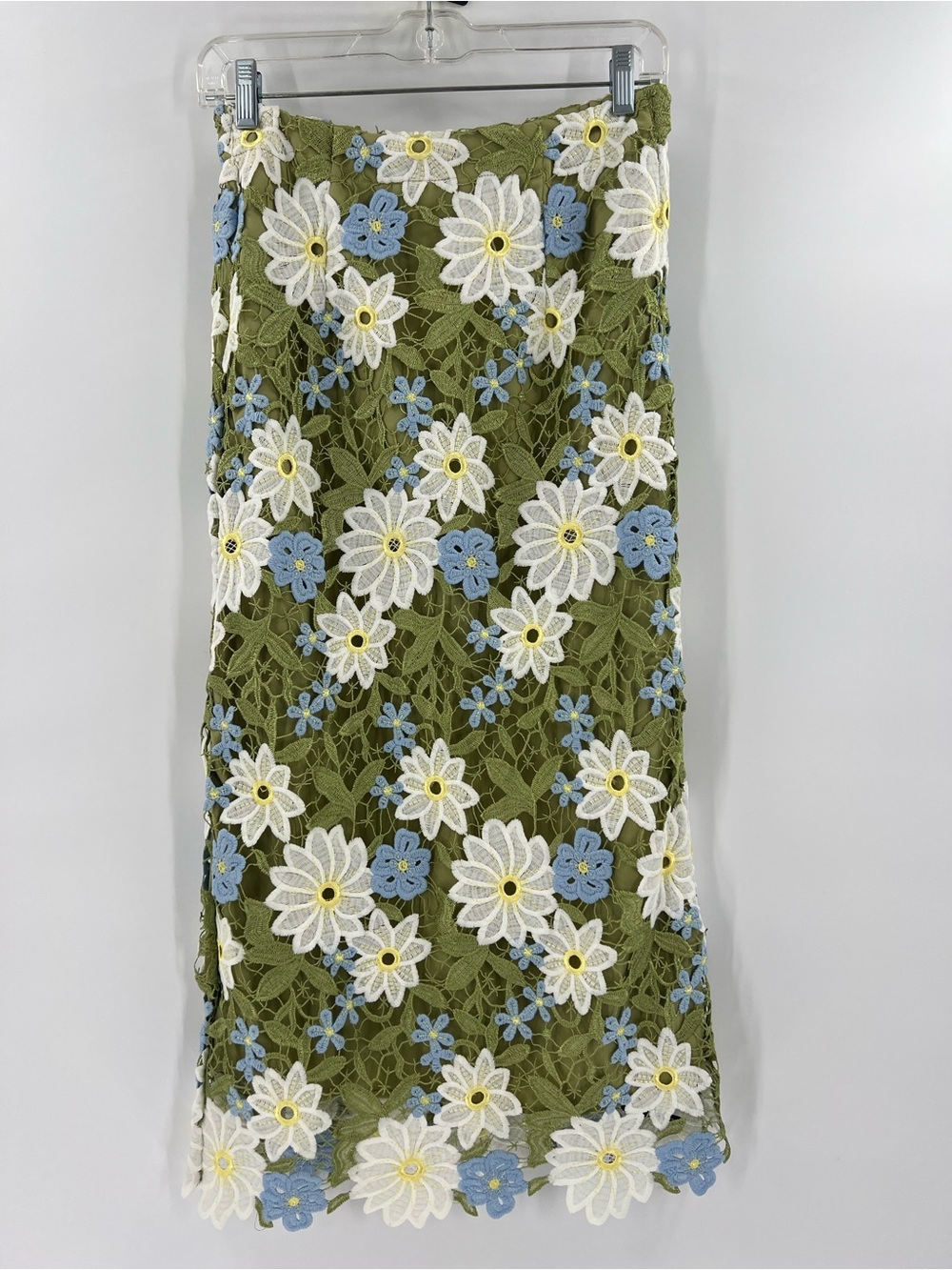 NWT Anewsta Olive Green 3D Floral Crochet Lace Midi Skirt S